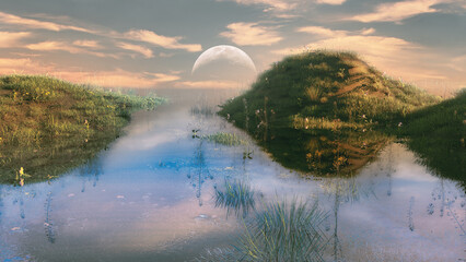 landscape with moon and green hills of flood meadows. 3d render