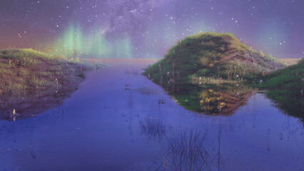 landscape with northern lights and green hills of flood meadows. 3d render