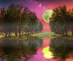 landscape with the moon in the park reflection in the water of trees and the moon path. 3d render
