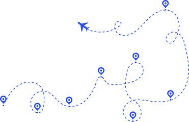 Airplane path in a dotted line shape. Airplane line routes set. Aircraft tracking. location pins isolated on white background