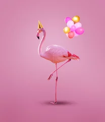 Foto op Canvas Pink flamingo in birthday cap with party helium balloons © Sergey Novikov