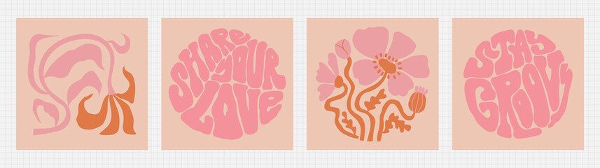 Groovy hippie print set. Psychedelische stickerscollectie met positieve belettering en bloemen. Esthetische platte smeltende organische vormen, retro kleurenpalet en funky trippy stijl.