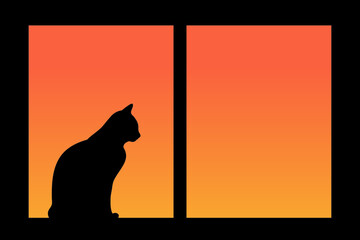 Cat's silhouette on windowsill in sunset