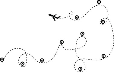 Airplane path in a dotted line shape. Airplane line routes set. Aircraft tracking. location pins isolated on white background
