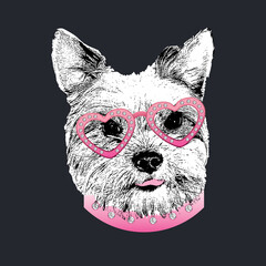 Yorkshire Terrier portrait, Cute dog in glasses with diamonds, Vector illustration