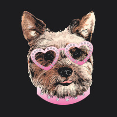 Yorkshire Terrier portrait, Cute dog in glasses with diamonds, Vector illustration