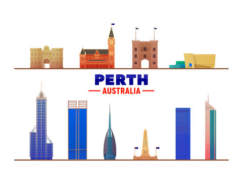 Perth Australia most famous landmarks on white background. Vector Illustration. Business travel and tourism concept with modern buildings. Image for banner or web site