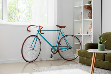 Modern bicycle near window in light living room