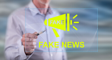 Man touching a fake news concept