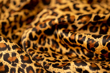 Satin fabric close up background and texture with place for text. Leopard print, silk orange.