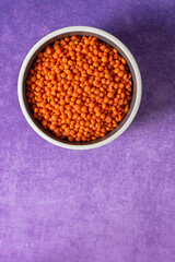 Stylish photo of dried red lentils on purple background 