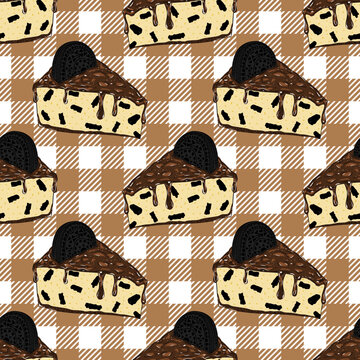 A Piece Of Cake On A Seamless Pattern. Oreo Cheesecake. Bakery Seamless Pattern. Wrapping Paper Pattern.