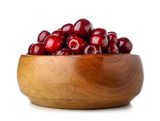 Wooden bowl of sweet cherries on white background