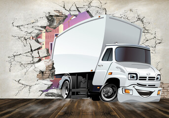 3d image, a truck smashed through a wall into a room. 3d photo wallpapers. Digital illustration. Photo wallpapers, a solution for interior printing.