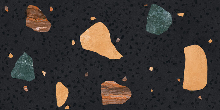 Terrazzo flooring imitation  pattern. Abstract geometric shapes black background. Creative collage for modern surface design. texture  in natural marble color. rendom