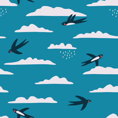 Swallow in the sky seamless pattern. Vector art.