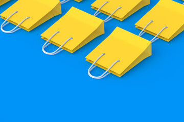 Row of yellow shopping bags. Product discounts. Big sale. Copy space. 3d render