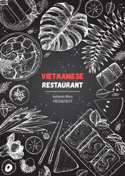 Vietnamese food top view, vertical frame. A set of vietnamese dishes. Tropical food menu design template. Vintage sketch vector illustration. Engraved image