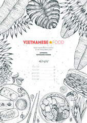 Fototapeta premium Vietnamese food top view frame. A set of vietnamese dishes . Food menu design template. Hand drawn sketch vector illustration. Engraved style.