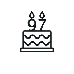 Birthday cake line icon with candle number 97 (ninety-seven). Vector.