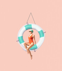 Contemporary art collage. Stylish young girl in swimming suit and cap sitting on lifebuoy isolated...