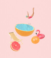 Contemporary art collage. Young girl jumping into lemon swimming pool isolated on pink background. Holiday.