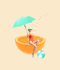 Contemporary art collage. Young woman in stylish swimming suit and sunglasses sitting on orange...