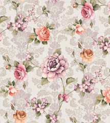 Seamless watercolor floral pattern - pink flowers, branches of green leaves on a background of damask pattern; for wallpapers, postcards, greeting cards, wedding invitations, romantic events. - 514399822