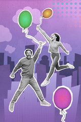 Collage photo of black and white grandpa and granddaughter have fun together play with balloons in city town isolated on violet background