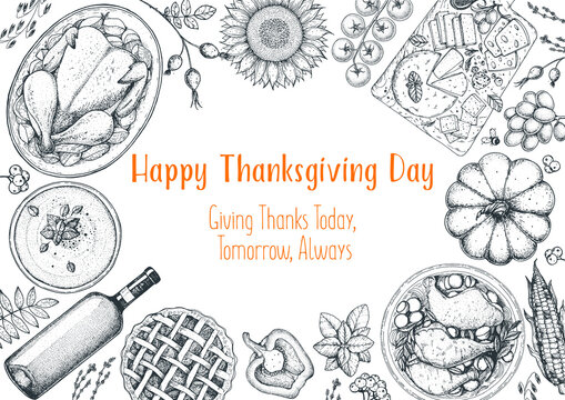Thanksgiving day top view vector illustration. Food hand drawn sketch. Festive dinner with turkey and potato, apple pie, vegetables, fruits and berries, cheese. Autumn food sketch. Engraved image.
