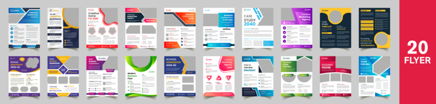 a bundle of 20 templates a4 size, Corporate business flyer template set, modern, business, real estate, marketing, conference,  school admission, case study, house sale, flyer design template