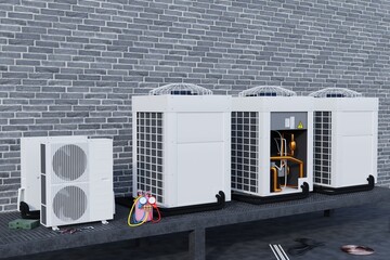 two types of air conditioner on the roof 3d