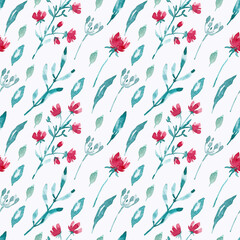 Seamless pattern with red flowers and branches on a white background. Watercolor illustration. Floral background. Plants. Nature. Leaves. Print on fabric and paper. Handmade work. Art. Design. 