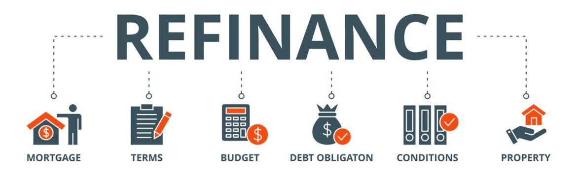 Refinance banner web icon vector illustration concept with icon of mortgage, terms, budget, debt obligation, conditions and property