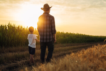 father and son holding hands walking on country road on wheat field