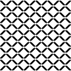 Fototapeta premium Repeated white figures on black background. Ethnic wallpaper. Seamless surface pattern design with diamonds ornament. Rhombuses and polygons motif. Digital paper for textile print, web designing.