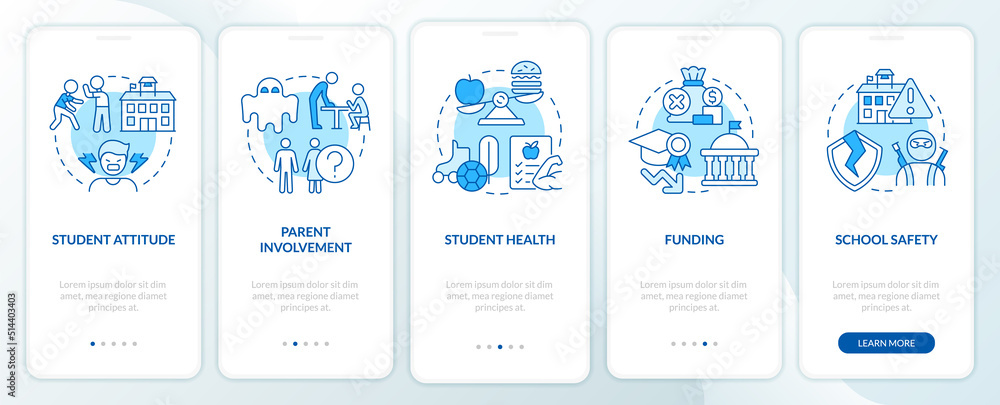 Aufkleber problems in public schools blue onboarding mobile app screen. walkthrough 5 steps editable graphic i