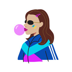 Y2K girl portrait 90s style. Young girl chewing bubble gum. Retro vibe vector illustration flat design.