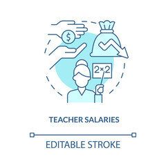 Teacher salaries turquoise concept icon. Decreasing compensations. Education issue abstract idea thin line illustration. Isolated outline drawing. Editable stroke. Arial, Myriad Pro-Bold fonts used