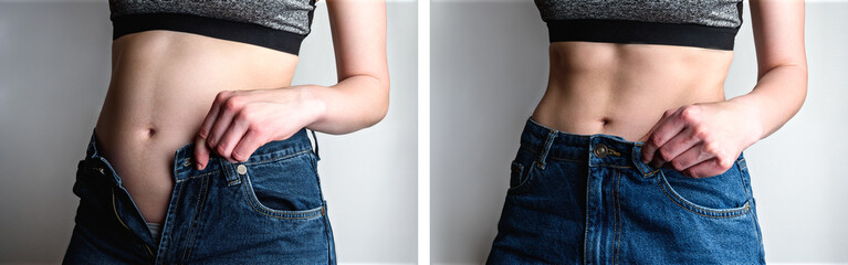 Female body before and after weight loss, diet concept. Woman is measuring belly and legs in jeans.