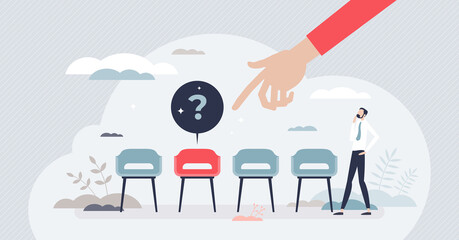 Open vacancy and empty company chair as hiring symbol tiny person concept. Search for new talent and best candidate for business vector illustration. Corporate employee wanted. Vacant human resources