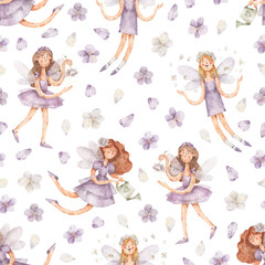 Garden fairies with flowers. Watercolor seamless pattern with  flying fairies and flowers. Hand-drawn texture with girls with wings