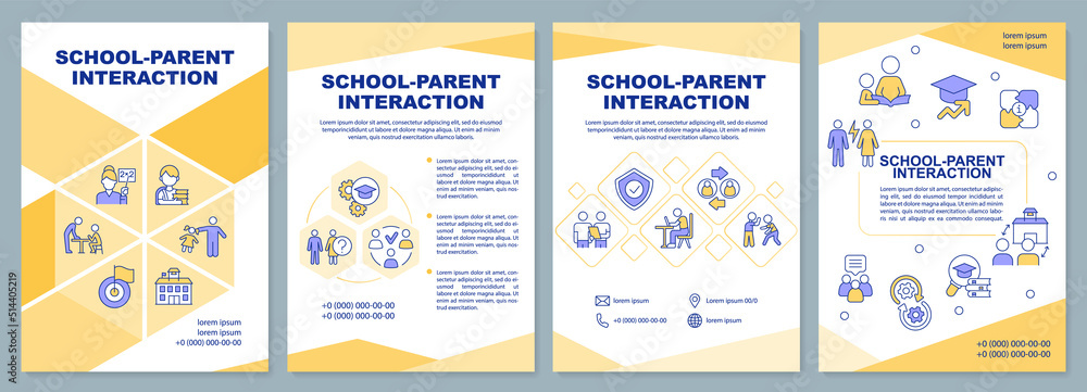 Poster school parent interaction yellow brochure template. leaflet design with linear icons. editable 4 vec