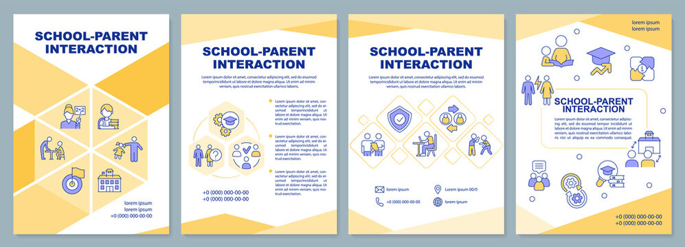 School parent interaction yellow brochure template. Leaflet design with linear icons. Editable 4 vector layouts for presentation, annual reports. Arial-Black, Myriad Pro-Regular fonts used