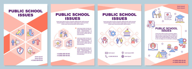 Public school issues red brochure template. Leaflet design with linear icons. Editable 4 vector layouts for presentation, annual reports. Arial-Black, Myriad Pro-Regular fonts used