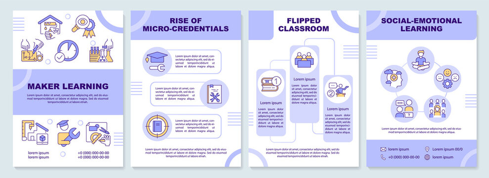 Trends in education light blue brochure template. Leaflet design with linear icons. Editable 4 vector layouts for presentation, annual reports. Arial-Black, Myriad Pro-Regular fonts used
