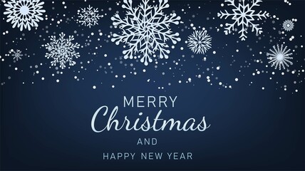 Fototapeta na wymiar Merry Christmas and Happy New Year text on dark blue background with paper snowflakes. Christmas winter design. Magic nature fantasy snowfall texture decoration. Vector illustration