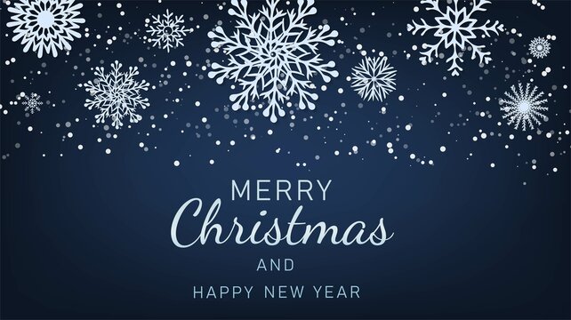 Merry Christmas and Happy New Year text on dark blue background with paper snowflakes. Christmas winter design. Magic nature fantasy snowfall texture decoration. Vector illustration