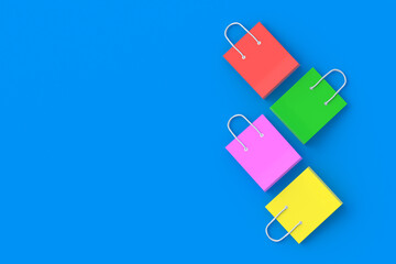 Obraz premium Row of colorful paper shopping bags. Product discounts. Big sale. Top view. Copy space. 3d render