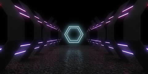3D abstract background with neon lights. neon tunnel  .space construction . .3d illustration